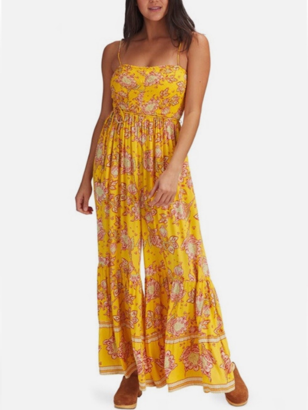 Free People Marigold Floral Wide‑Leg Jumpsuit size Medium